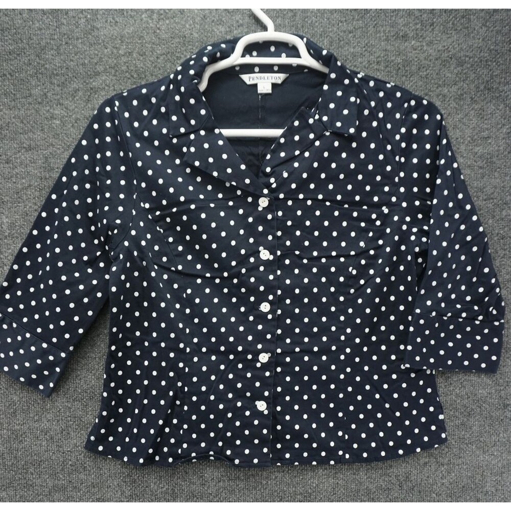 Pendleton Womens Shirt Large L Navy Blue White Polka Dot 3/4 Sleeve Button Up